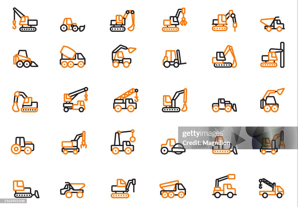 Icônes de machines de construction lourdes ensemble en noir et orange, trait modifiable, illustration vectorielle