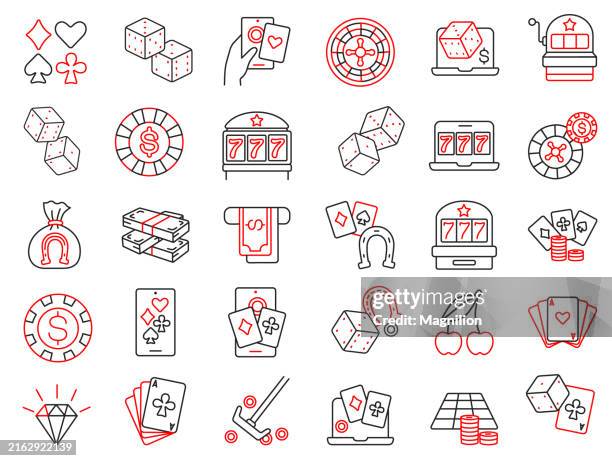 stockillustraties, clipart, cartoons en iconen met casino and gambling line icons, editable stroke, collection of 30 vector symbols including dice, cards, slot machines, and more - cowboys playing poker