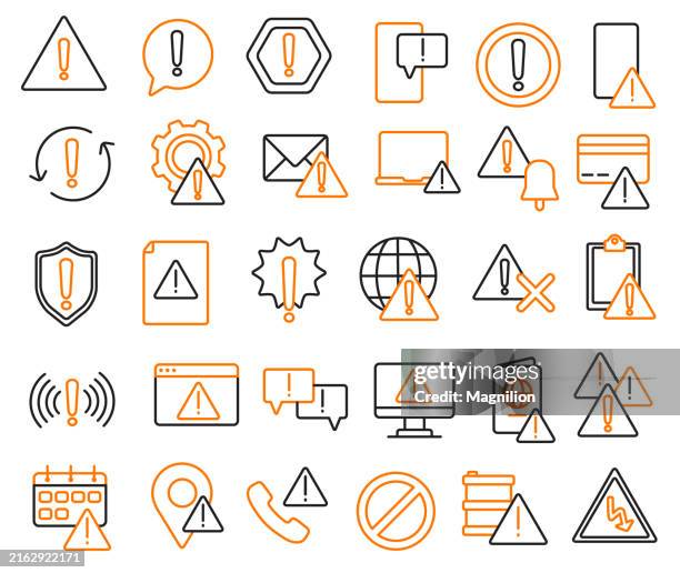 alert and notification icon set in black and orange, editable stroke, vector illustration - warning light stock illustrations