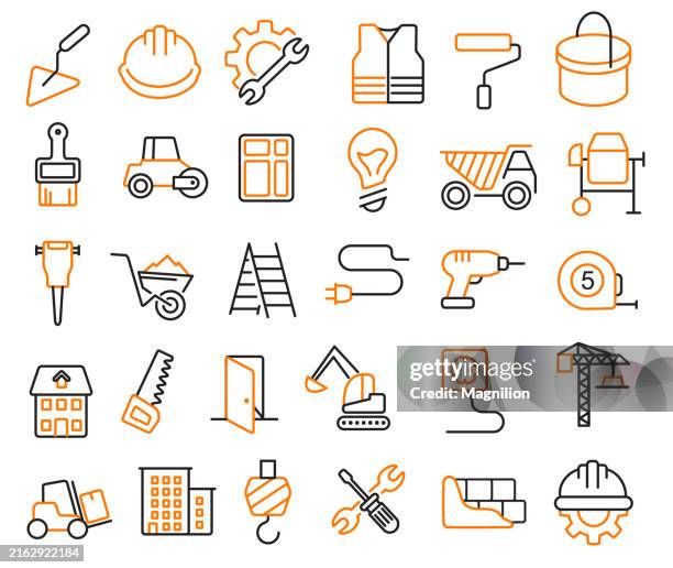construction and building tools icons set in black and orange, editable stroke, vector illustration - civil engineering vector stock illustrations
