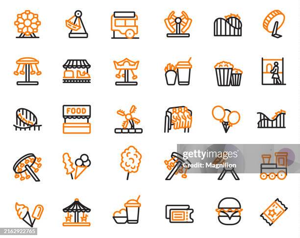 amusement park and carnival line icons set, editable stroke - pinwheel vector stock illustrations