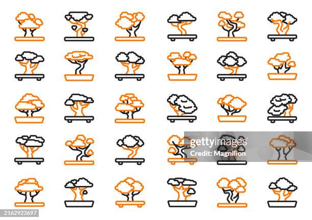 bonsai trees line icons set, editable stroke - small tree stock illustrations