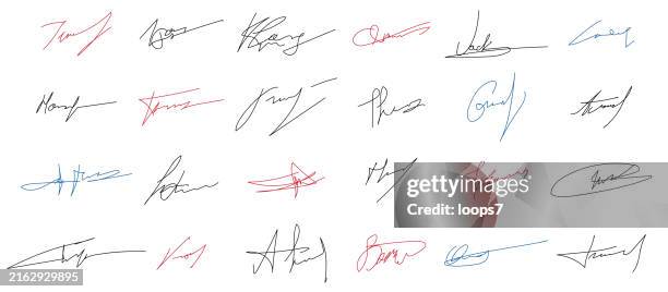 ilustraciones, imágenes clip art, dibujos animados e iconos de stock de conjunto de firmas manuscritas - firmar
