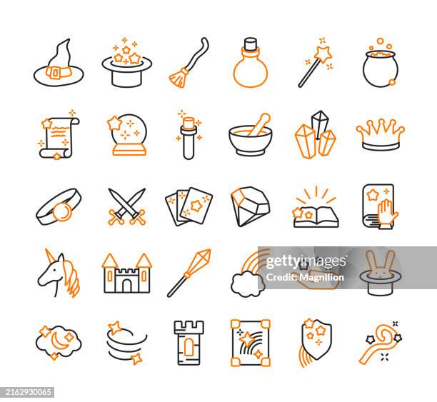 magic and fantasy icon set in black and orange, editable stroke, vector illustration - princess-castle-background stock illustrations