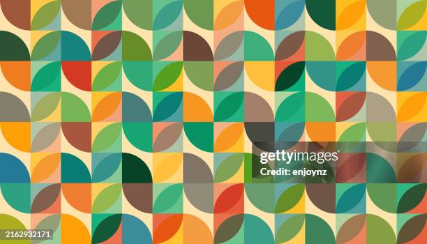 ilustrações de stock, clip art, desenhos animados e ícones de seamless multi colored retro bauhaus abstract floral shapes pattern - estilo moderno de meados do século