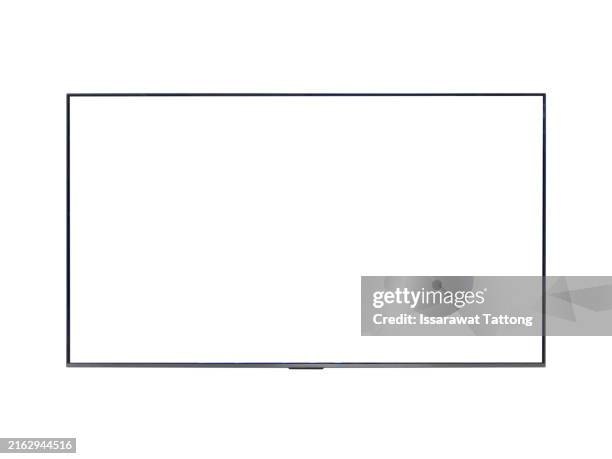 a wall-mounted television isolated on a white background, showcasing modern design and sleek technology. this tv screen represents the intersection of home entertainment - tv on wall stock pictures, royalty-free photos & images