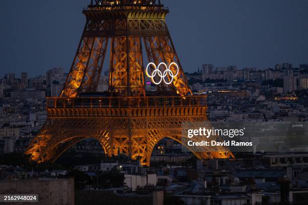 General view of the Eiffel Tower with the Olympic Rings from the Arc de Triomphe ahead of the Opening Ceremony of the Paris 2024 Olympic Games on...