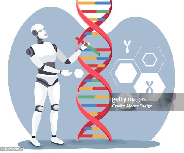 genetic engineering. an artificial intelligence robot doctor presenting dna, symbolizing genetic engineering, gmo, and gene manipulation concepts. - genomics stock illustrations