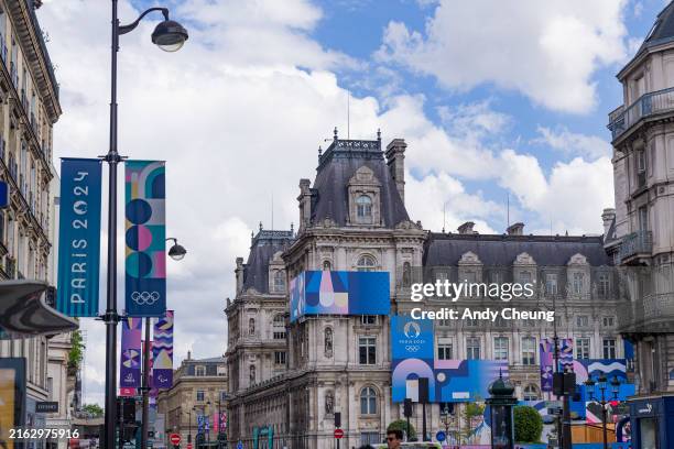 General view of La Terrasse des Jeux at the Hotel de Ville with Olympic signs and flags ahead of Paris 2024 Olympic Games on July 21, 2024 in Paris,...