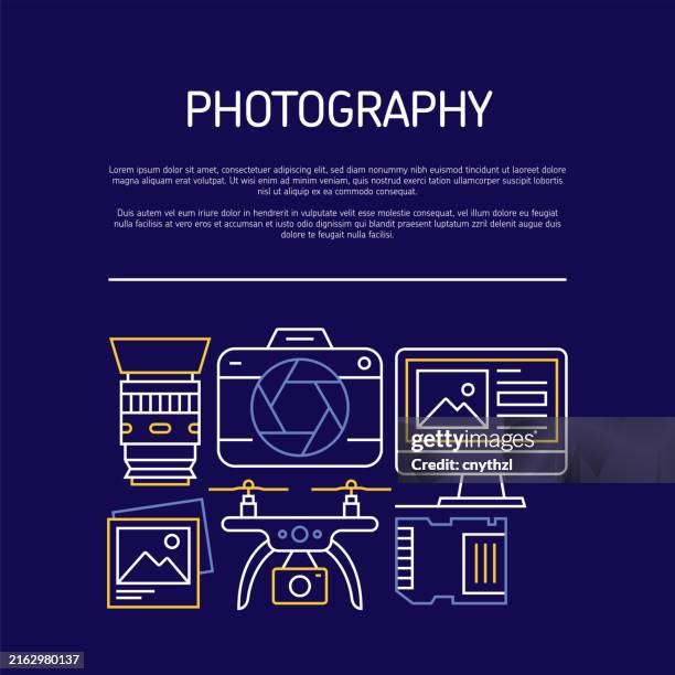 photography related line banner design. camera, studio, lens, backdrop, retouching. - camera sensor stock illustrations