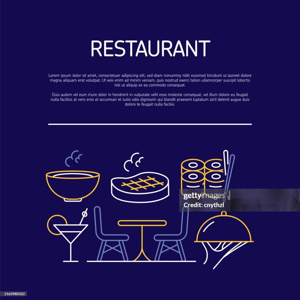 Restaurant and Food Related Line Banner Design. Chef, Menu, Serving, Bar, Cutlery.