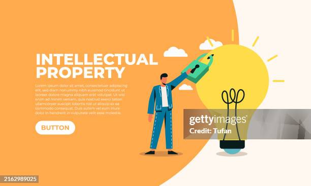 intellectual property slider web background, patented protection, copyright reserved or product trademark concept, businessman with light bulb idea locked with padlock for patents - onboarding infographic stock illustrations