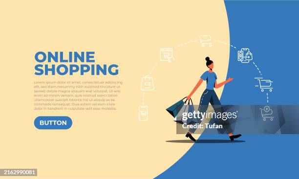online shopping web slider background, digital retail experience, seamless e-commerce, and convenient home delivery service - app store template stock illustrations