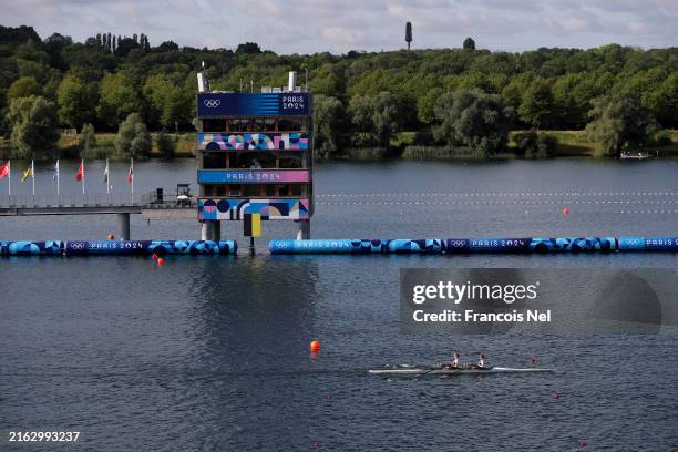 General view as rowers train at Vaires-Sur-Marne Nautical Stadium on July 22, 2024 in Paris, France.