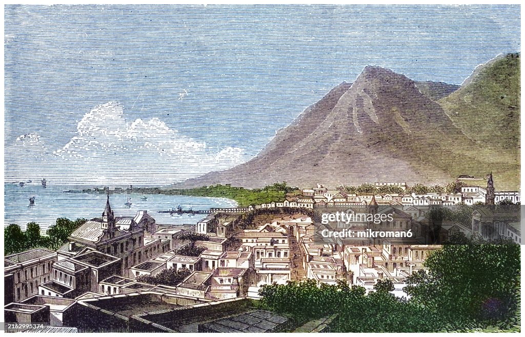 Old engraved illustration of Cape Town and Table Mountain (flat-topped mountain forming a prominent landmark overlooking the city of Cape Town in South Africa)