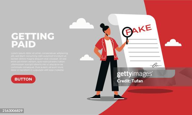 identifying fake documents: businesswoman examining fraudulent papers with magnifying glass, detecting scams in transactions - brochure mock stock illustrations