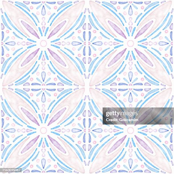 watercolor moroccan ceramic tile background, seamless pattern. multicolored portuguese azulejo seamless pattern. vector lisbon arabic floral mosaic, mediterranean ornament. - moroccan pattern stock illustrations