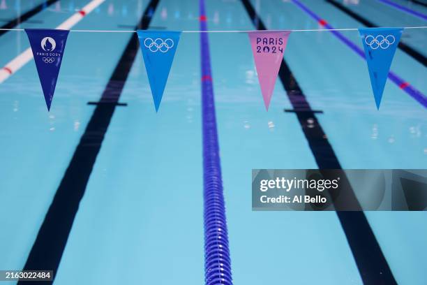 General view of the backstroke flags at the competition pool in Paris La Defense Arena ahead of the Paris 2024 Olympic Games on July 22, 2024 in...
