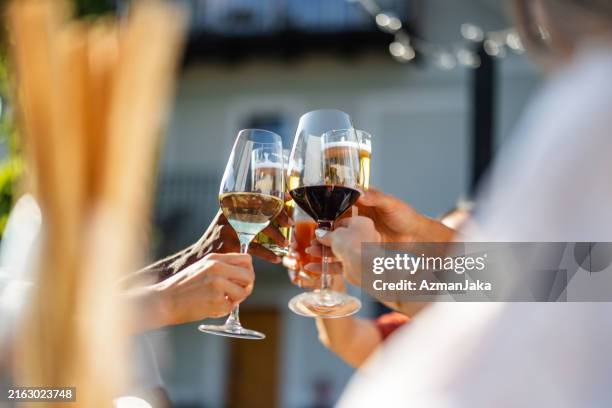 friends toasting and celebrating together outdoors - wine glass stock pictures, royalty-free photos & images