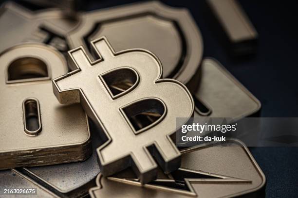 golden bitcoin icon concept. digital wallets and crypto currency background. digital money and blockchain technology. minimalistic setup with copy space - digital currency stock pictures, royalty-free photos & images