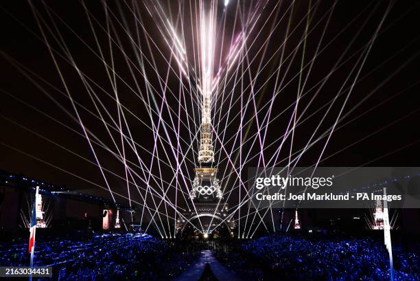 Light display on the Eiffel Tower during the opening ceremony of the Paris 2024 Olympic Games. Picture date: Friday July 26, 2024.