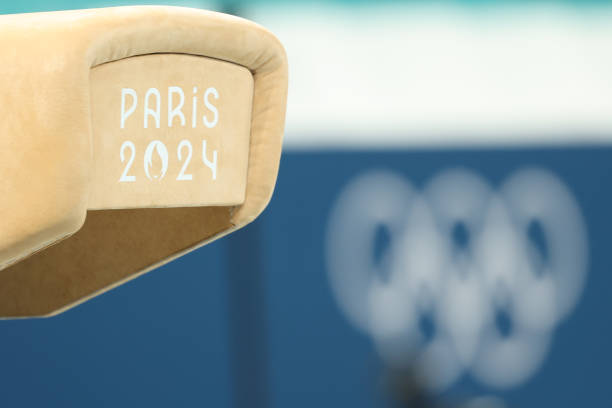 Paris 2024 logos seen at Bercy Arena the venue of Artistic Gymnastics event ahead of the Paris 2024 Olympic Games on July 22, 2024 in Paris, France.