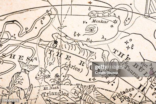 antike karte der sternbilder, sternzeichen, widder (1899) - widder stock-grafiken, -clipart, -cartoons und -symbole