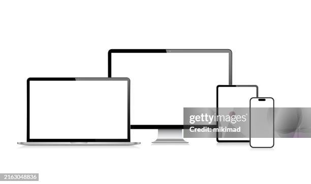 realistic set of vector mockup digital tablet, mobile phone, smart phone, laptop and computer monitor. ui / ux design. vector illustration, modern digital devise, digital template. stock illustration. eps 10. - iphone frame stock illustrations