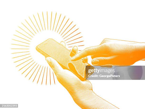 close up of hands using smart phone - photo messaging stock illustrations