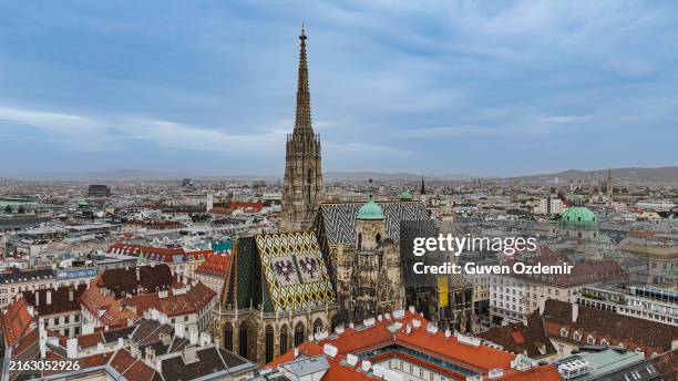 stephansdom in wien, luftaufnahme des stephansdoms, ikonische dachterrasse des stephansdoms, historischer wiener stephansdom, architektonische schönheit des stephansdoms - stadtsilhouette stock-fotos und bilder