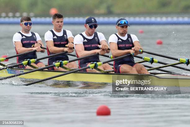 Britain's Thomas Barras, Britain's Callum Dixon, Britain's Matthew Haywood and Britain's Graeme Thomas compete in the men's quadruple sculls heats...