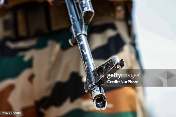 Indian Army soldiers are patrolling with AK-47 weapons in Baramulla, Jammu and Kashmir, India, on July 27, 2024. Five Indian Army soldiers, including...