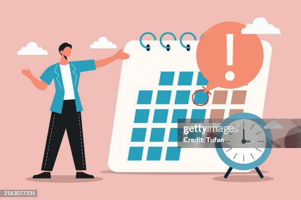 wichtiger terminkalender datum, geschäftsmann, der wichtige besprechungen oder ereignisse hervorhebt, terminerinnerung, arbeitstermin oder startplanungskonzept - datum stock-grafiken, -clipart, -cartoons und -symbole