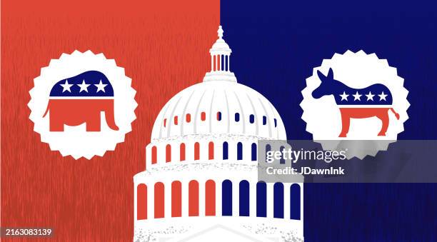 abstract presidential debate republican elephant versus democratic donkey symbols us capitol building american flag design elements - versus stock illustrations