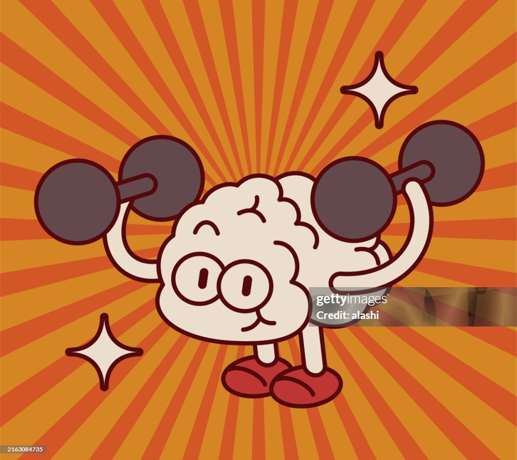A cute anthropomorphic Brain Man is exercising with dumbbells