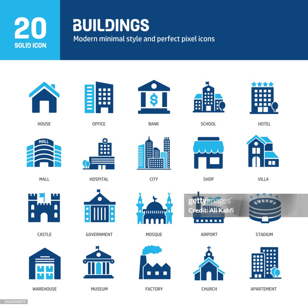 Building glyph solid icons. Containing house, residential, town, city solid icons collection. Vector illustration. For website design, logo, app, template, ui, etc.