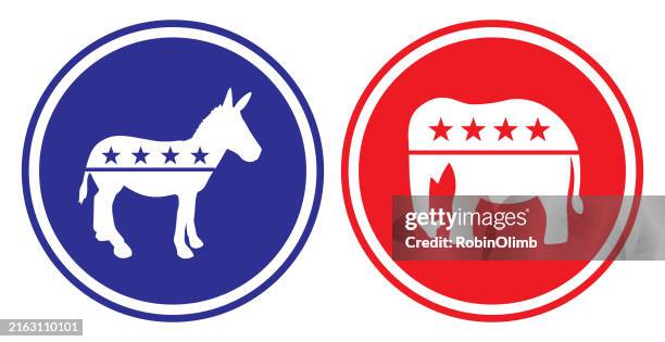ilustraciones, imágenes clip art, dibujos animados e iconos de stock de conjunto de iconos de burros y elefantes políticos - partido-republicano-norteamericano