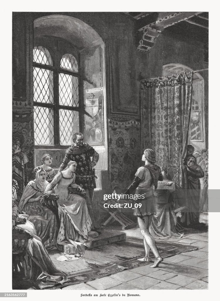 Troubadour Sordello before Ezzelino III, wood engraving, published in 1892