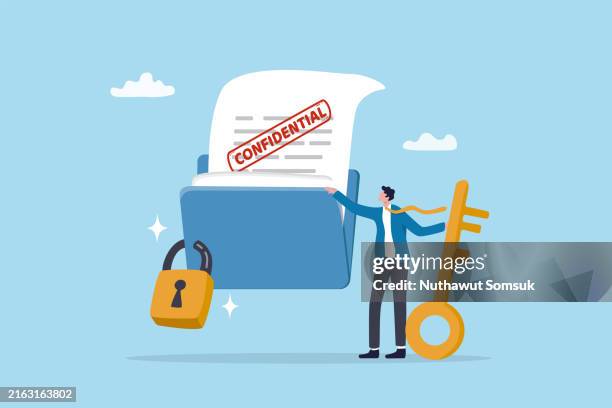 confidential document, privacy protection or secret secured lock, safety or security to archive file or document, accessibility control concept, businessman lock document file folder with padlock. - identity theft protection stock illustrations