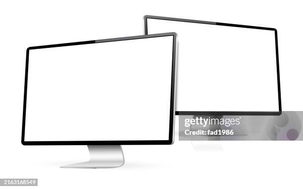 realistic computer screen mockup. two computer display with blank screen. - dual monitors office stock illustrations