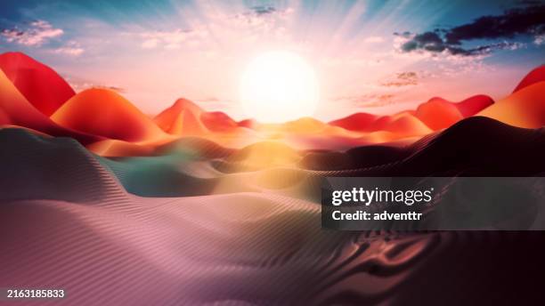 digital sunset over wavy desert landscape. therapeutic psychedelics concept - levendige kleur stockfoto's en -beelden