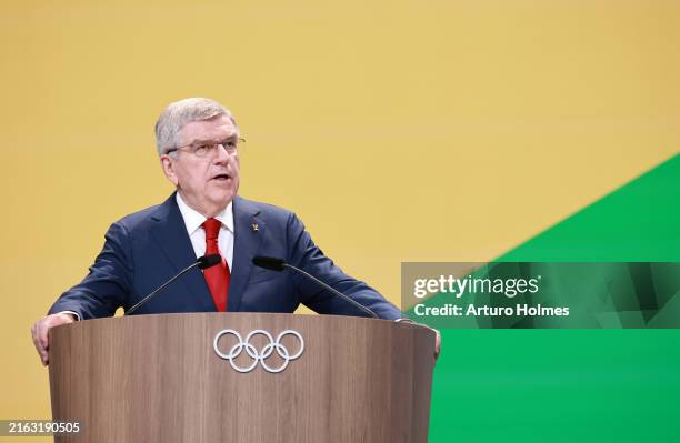 Thomas Bach, President of the International Olympic Committee, talks during a IOC Session at Palais des Congres de Paris ahead of the Paris Olympic...