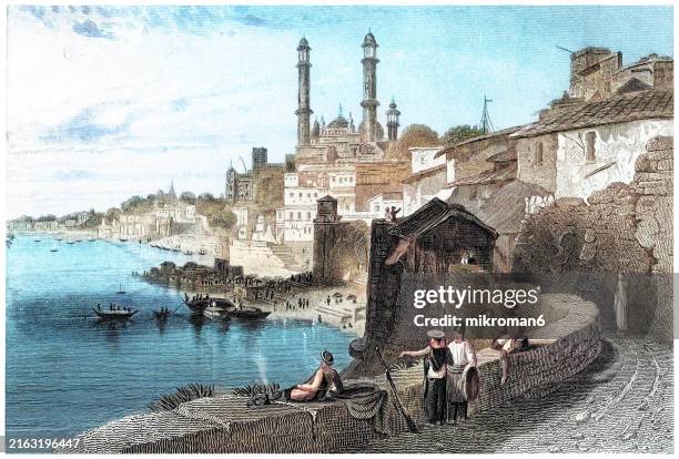 old engraved illustration of ganges river at varanasi, banaras or benares (a city on the ganges river) - old classic painting stock pictures, royalty-free photos & images