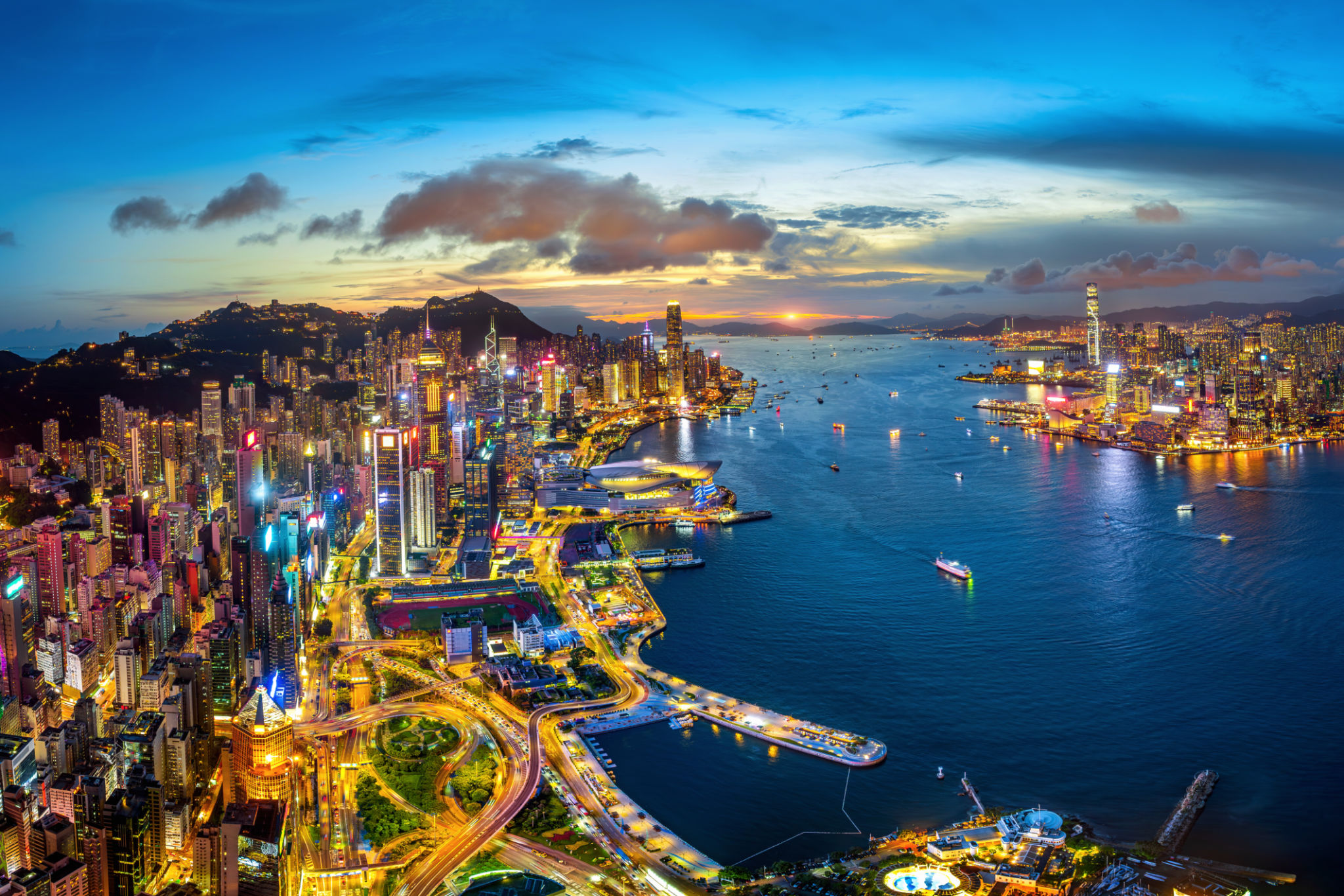 Aerial view of Traffic at twilight in Hong Kong. Aerial view of Traffic at twilight in Hong Kong.