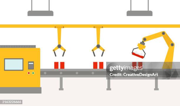 ilustraciones, imágenes clip art, dibujos animados e iconos de stock de almacén automatizado. cinta transportadora con cajas de regalo rojas y brazos robóticos. empaquetado de regalos de navidad o regalos de cumpleaños con brazos robóticos. concepto de industria 4.0 - cinta transportadora