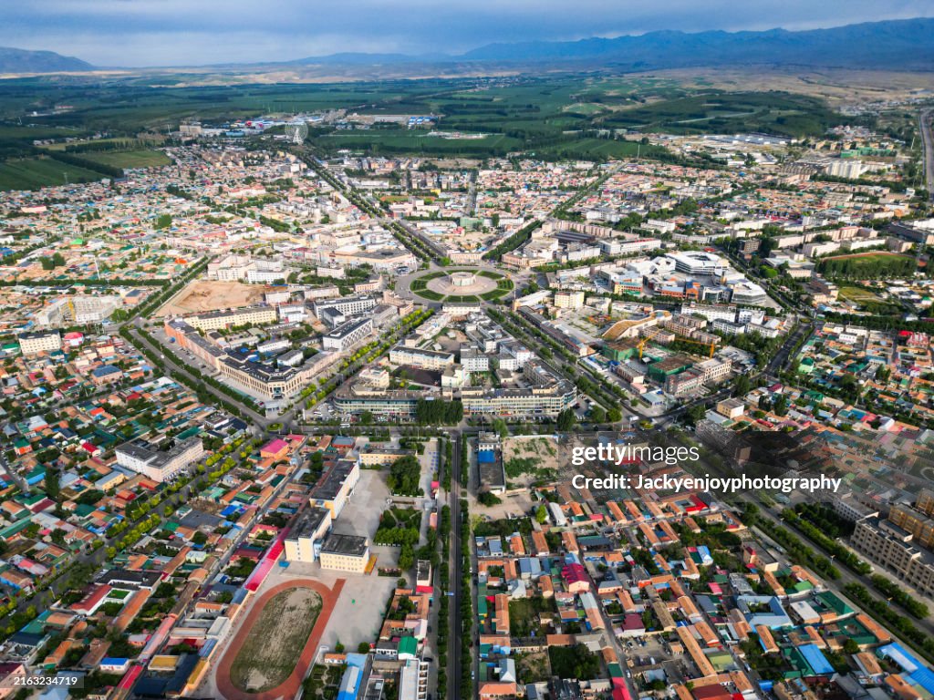 Aerial view of the octagonal city of Tekes County is situated in the Xinjiang Uyghur Autonomous Region.