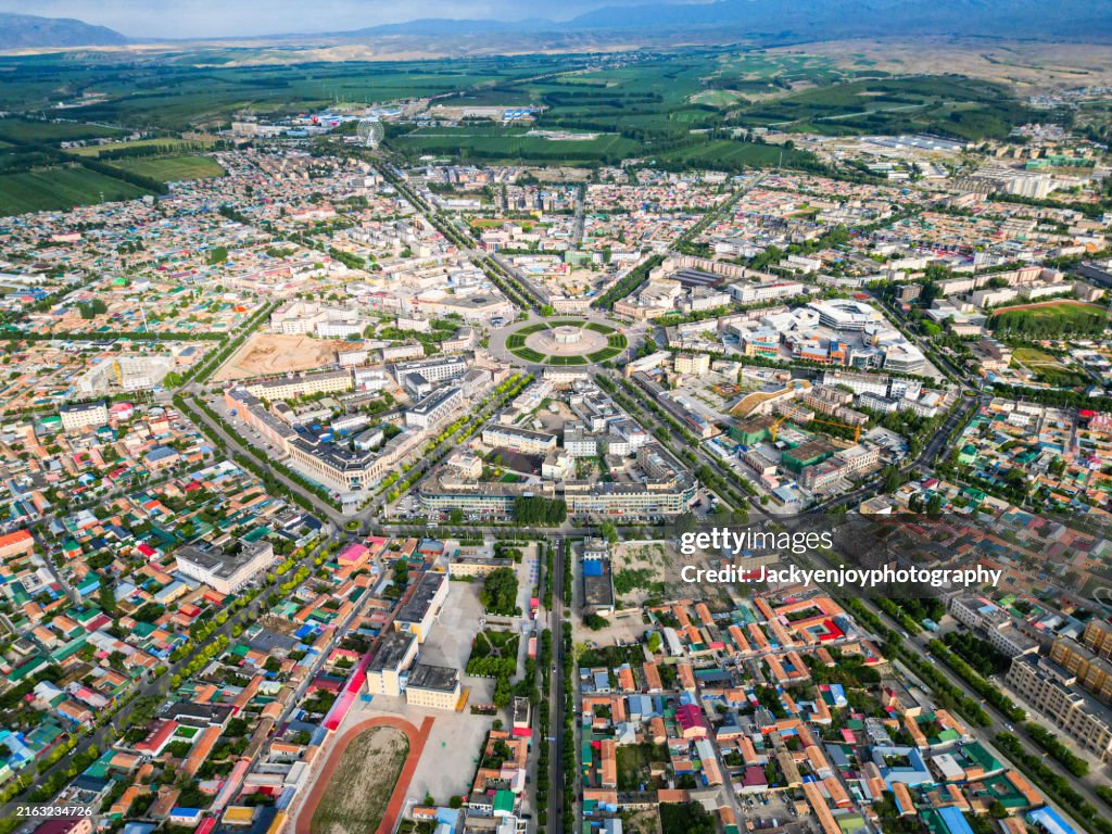 Aerial view of the octagonal city of Tekes County is situated in the Xinjiang Uyghur Autonomous Region.