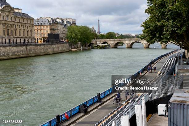 The Seine river is seen with the Eiffeltower in the background as the city prepares to host the 2024 Olympic Games on July 23, 2024 in Paris, France.