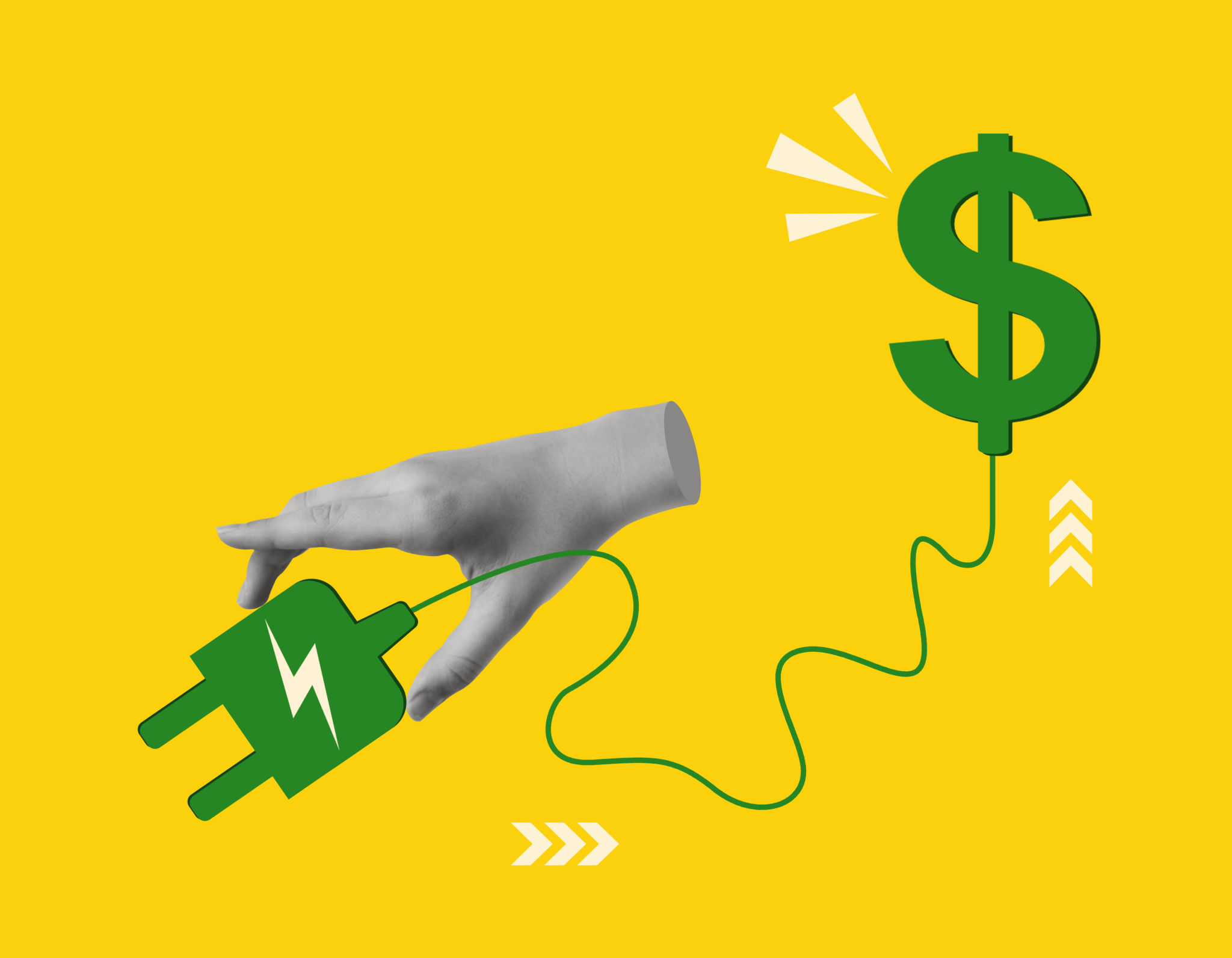 Contemporary art collage of hand holding plug socket and dollar sign. Contemporary art collage of hand holding plug socket and dollar sign.