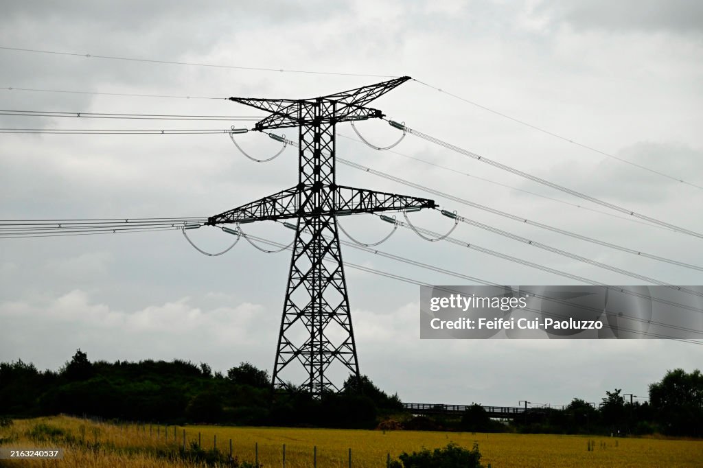 Electricity pylon tower in the field near Dunkirk